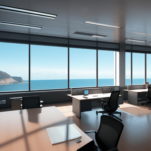 AI generated: Photo ultrarealistic, a modern office with library, desk and a laptop on the desk; with also a big w...