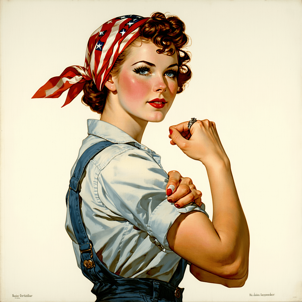 AI generated: Cover art quality illustration by ((Joseph Christian Leyendecker)), a Rosie the Riveter, 3/4 shot, f...