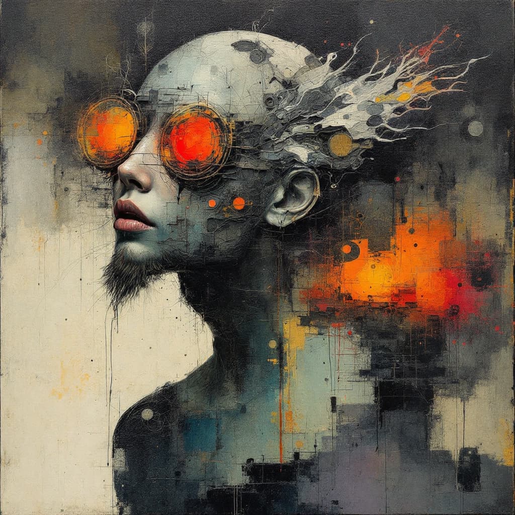 AI generated: Mixed media artwork + Sadhu darshan + age lesions as a storytelling element + In the style of surrea...