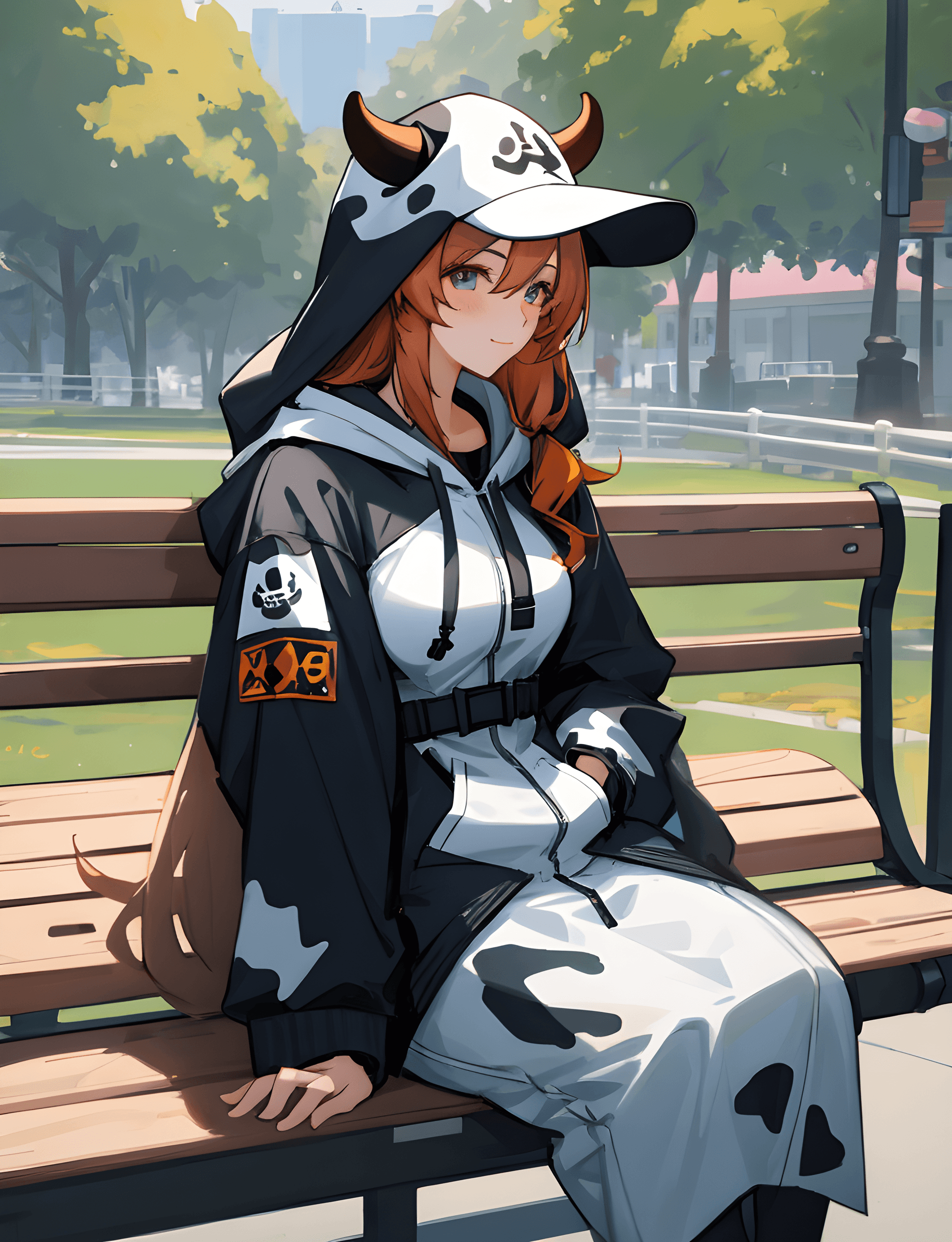 AI generated: a woman in a cow costume sitting on a bench, by Yang J, pixiv, digital art, discord profile picture,...