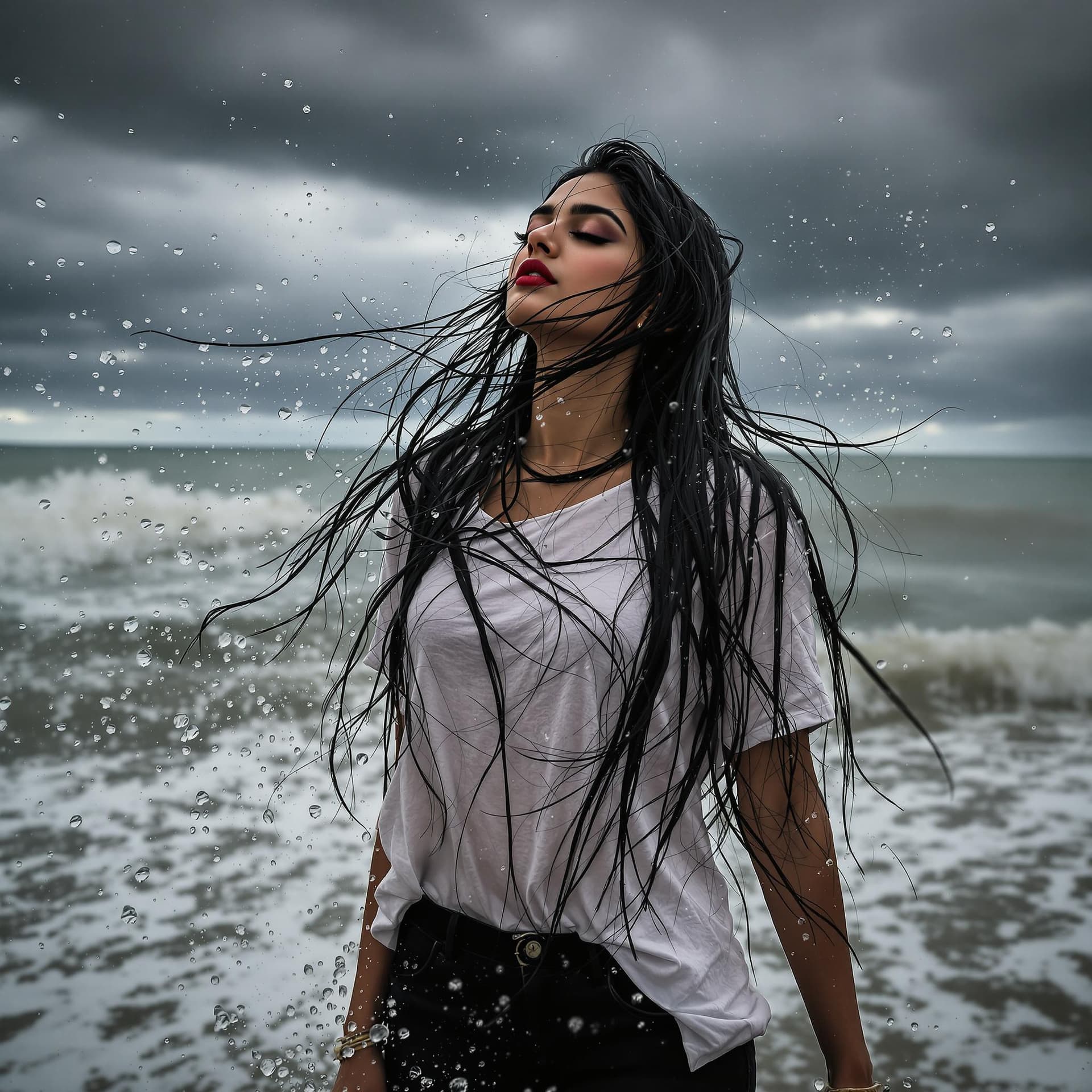 AI generated: HDR photo of Indian woman, long black hair, eyes closed, beautifully fit body, wearing black jeans a...
