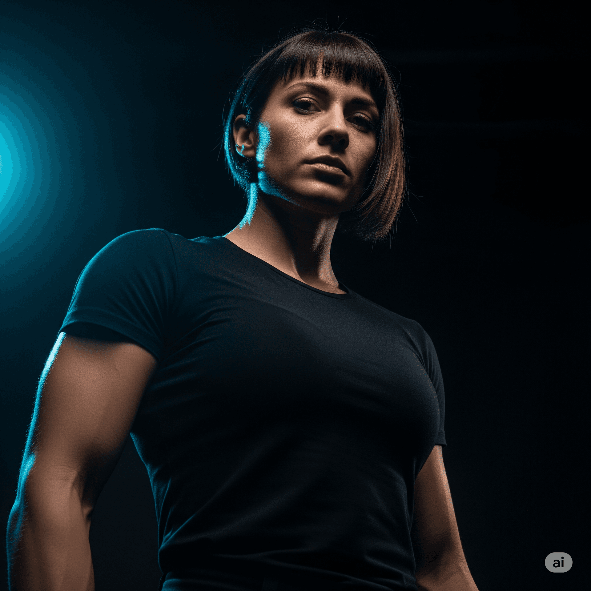 AI generated: A dramatic, cinematic low angle shot of a determined woman with short, dark hair and bangs, staring ...