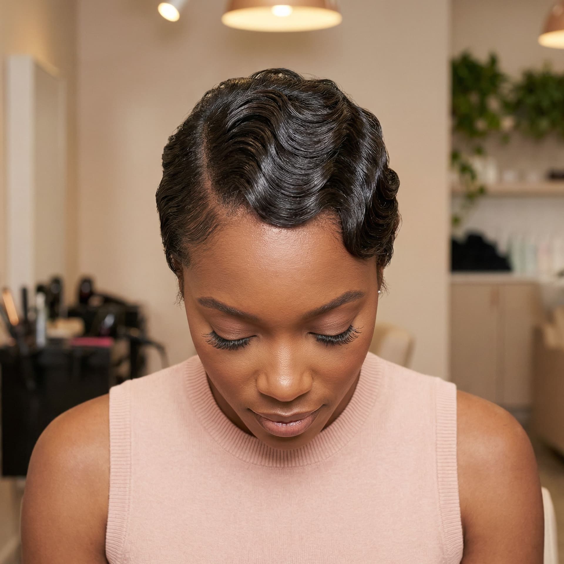 AI generated: Top-down beauty portrait of a melanated woman wearing a sleeveless blush-pink top, showcasing sleek ...