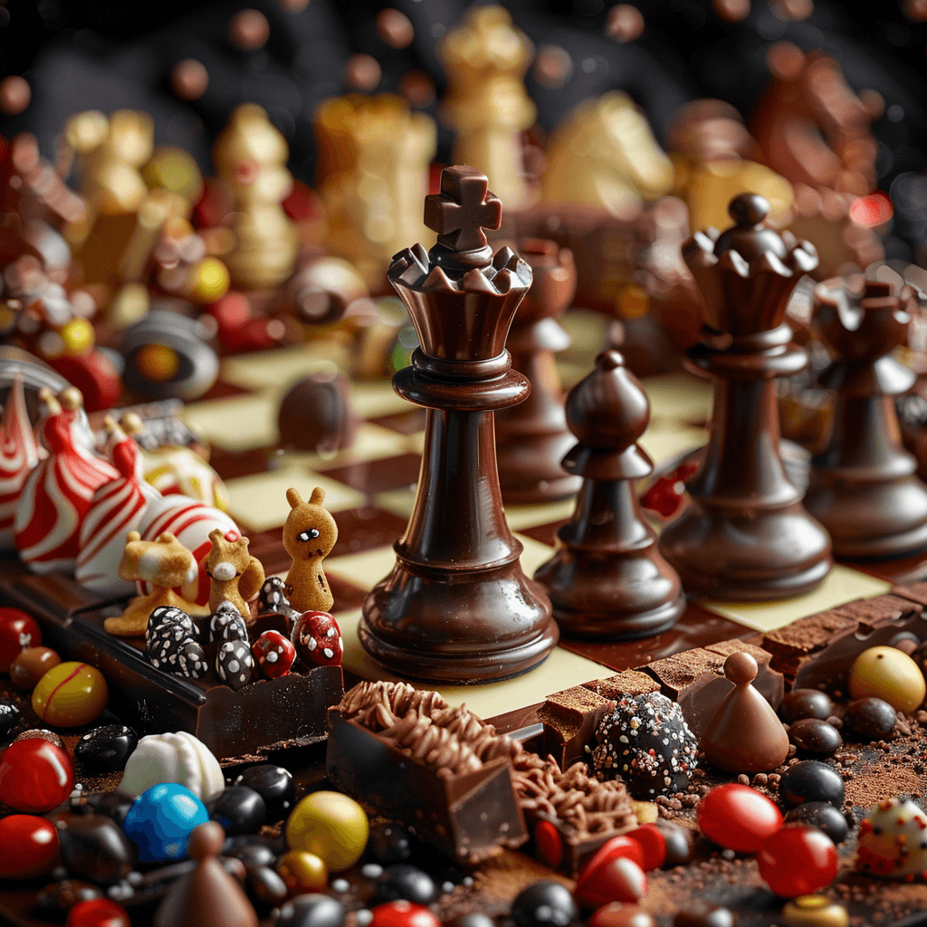 AI generated: Close-up of a chess game, made mainly of chocolate, minimal details with colorful candies and cookie...