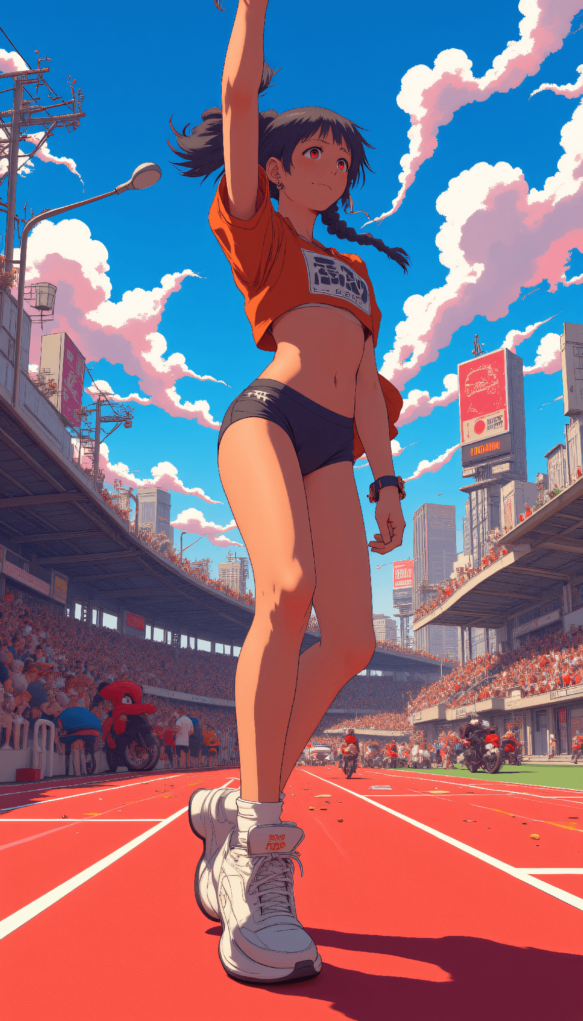 AI generated: anime artwork A star athlete at a track meet stretches in her team's two-piece uniform, her perfectl...