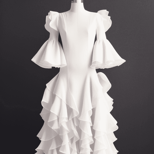 AI generated: center front display photo of a dress with ruffled sleeves and a long skirt, on white background, sh...