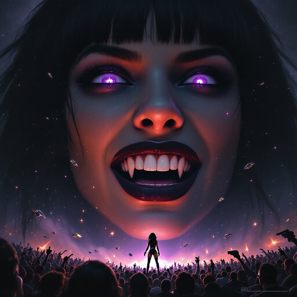 AI generated: enormous giantess female who looks exactly like WWE superstar 
 Rhea Ripley with black medium length...