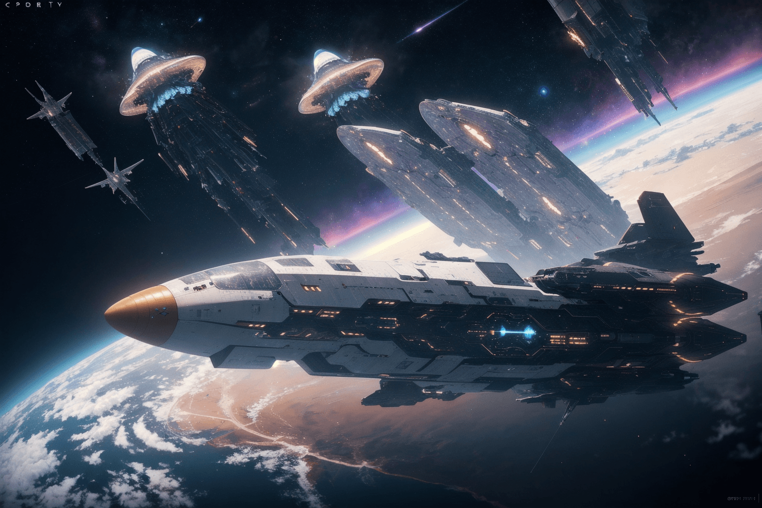 AI generated: Spaceship AND jellyfish, flying faster than light in space, (masterpiece,best quality, ultra realist...