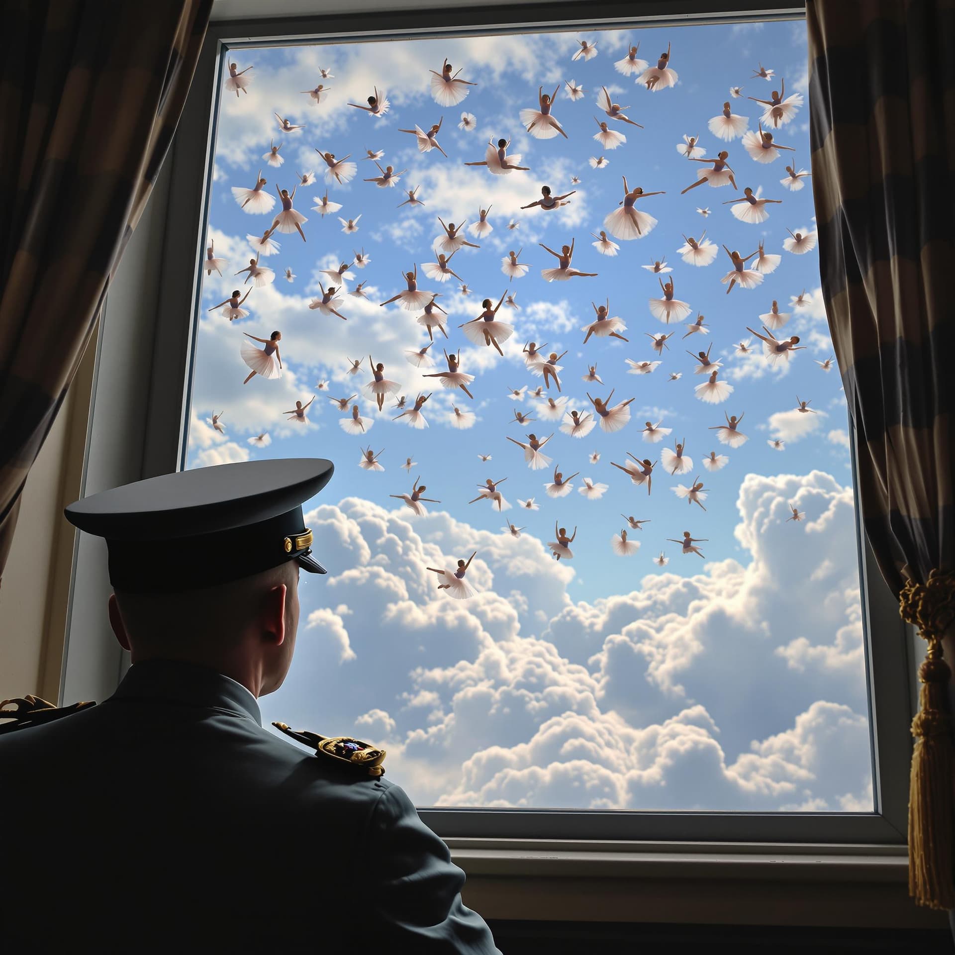 AI generated: The camera zooms in from behind the army general towards the window, showing a sky filled with Balle...