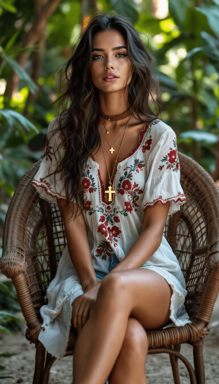 AI generated: Full body view of A Brazilian beauty woman in a bohemian mini dress with intricate embroidery, short...