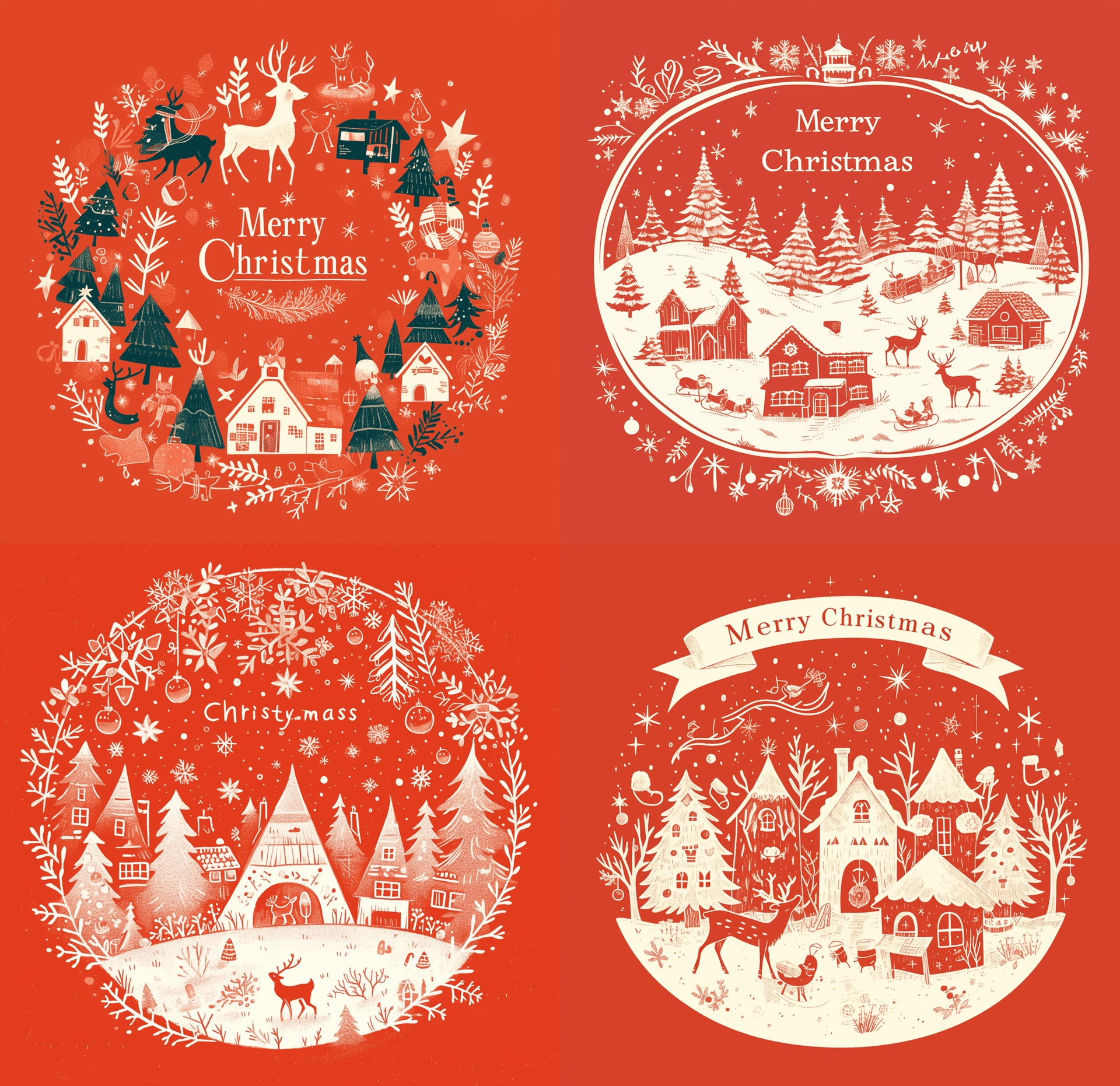 AI generated: A large oval illustrator with the words "Merry Christmas" and snowflakes, reindeer and houses on it ...