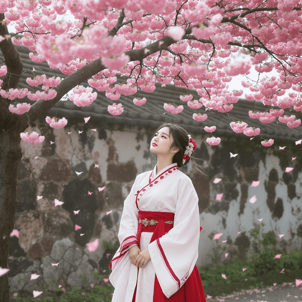 AI generated: A woman in a traditional Chinese Hanfu dress, white kimono with red and black patterned sleeves, and...
