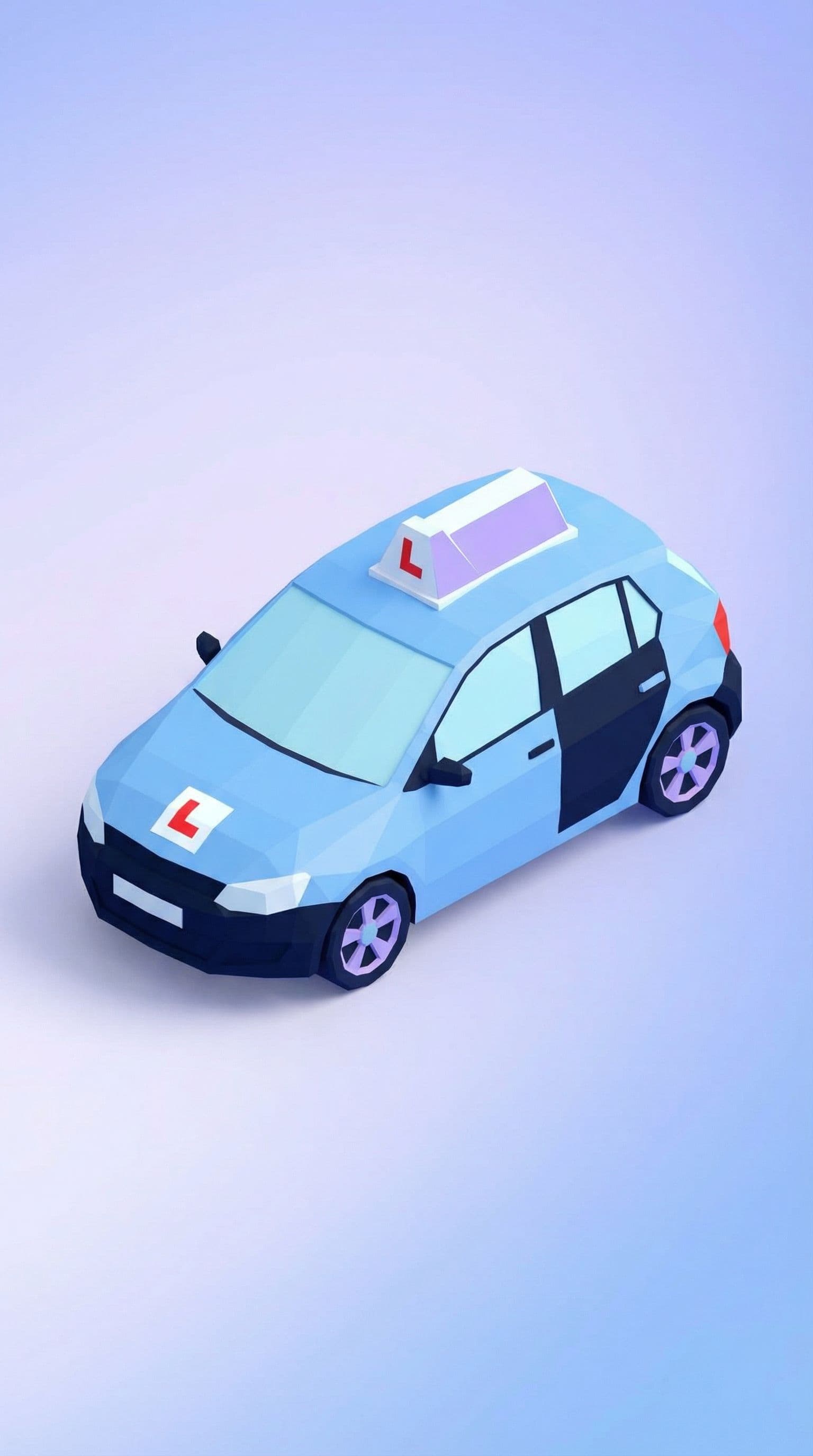 AI generated: A low poly 3D render of a compact hatchback driving school car, featuring a roof-mounted instructor ...