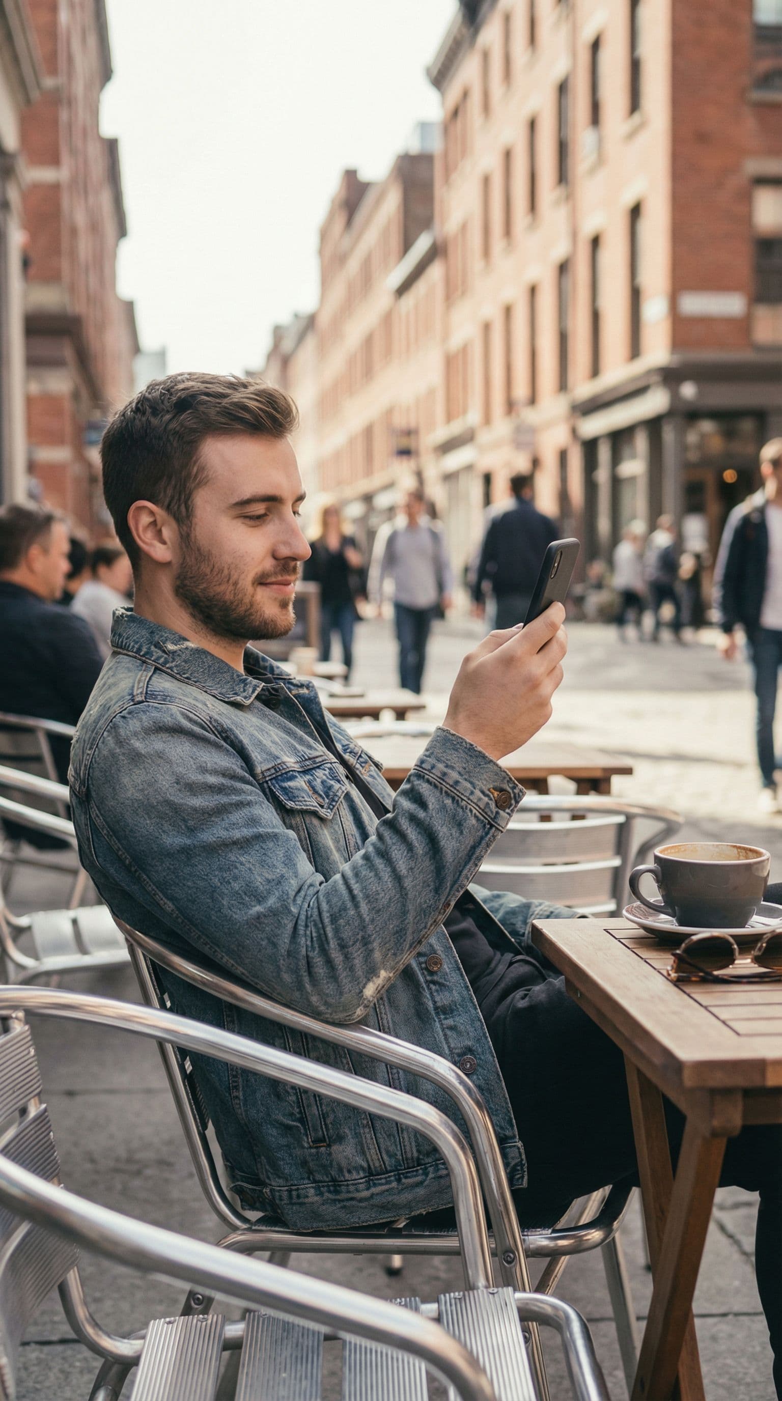 AI generated: A young man sitting at an outdoor terrace, holding his smartphone with one hand while relaxing on a ...
