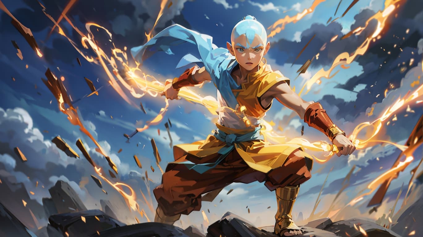 AI generated: Aang, from Avatar, fighting against many enemies using his wind power in a full demonstration of ang...