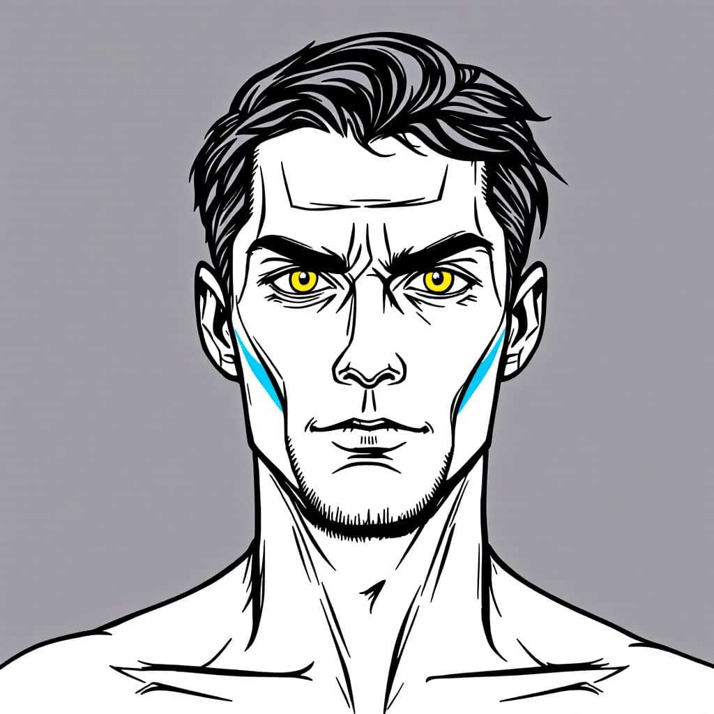 AI generated: illustration art, upper-body,man, front, gaze, bright yellow eye, black and yellow with blue limit t...