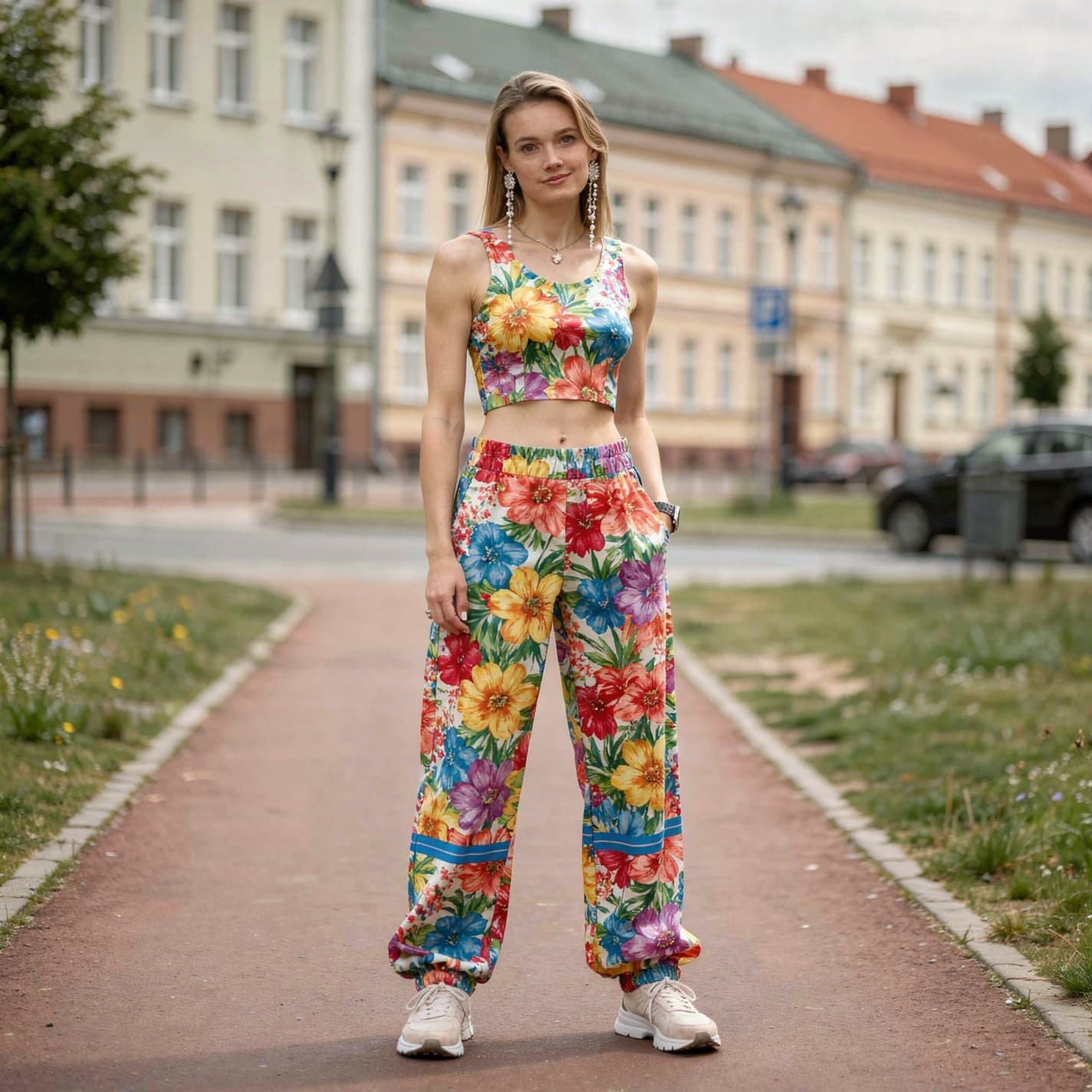 AI generated: Fashion photo of a tall (175 cm) Androgynous young 18 years girl model with slim waste beautiful bui...