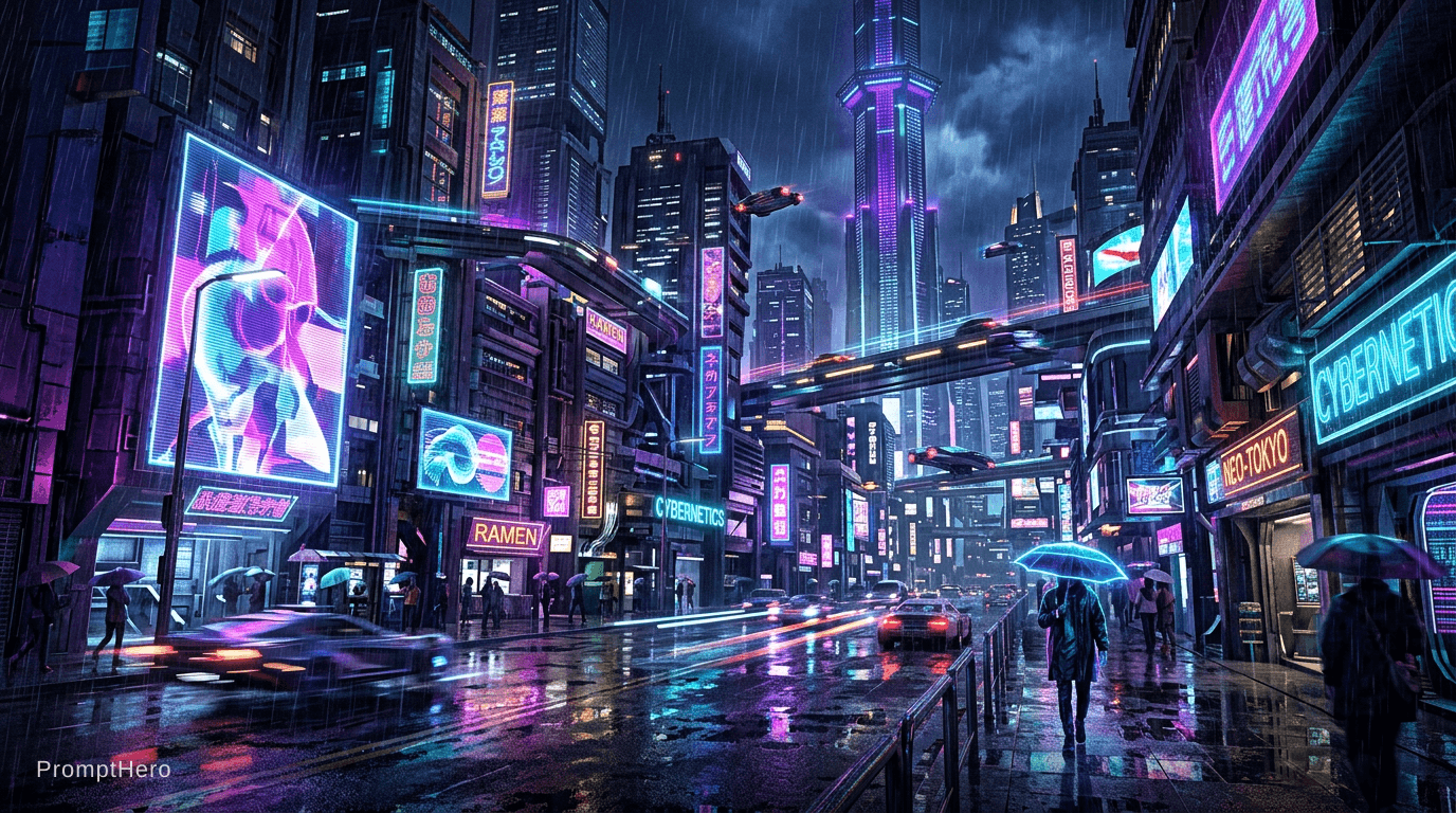AI generated: neon cyberpunk city at night, rain reflections, purple and blue lights, futuristic