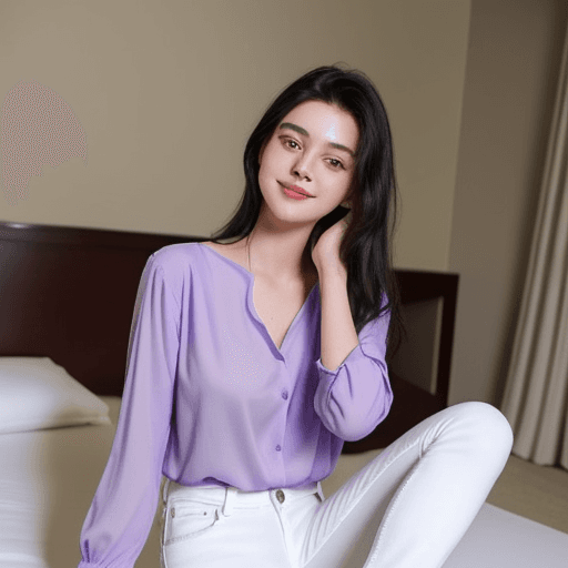 AI generated: A pretty 19 year old sitting on a hotel bed. She is wearing white jeans and a cute, purple blouse. S...