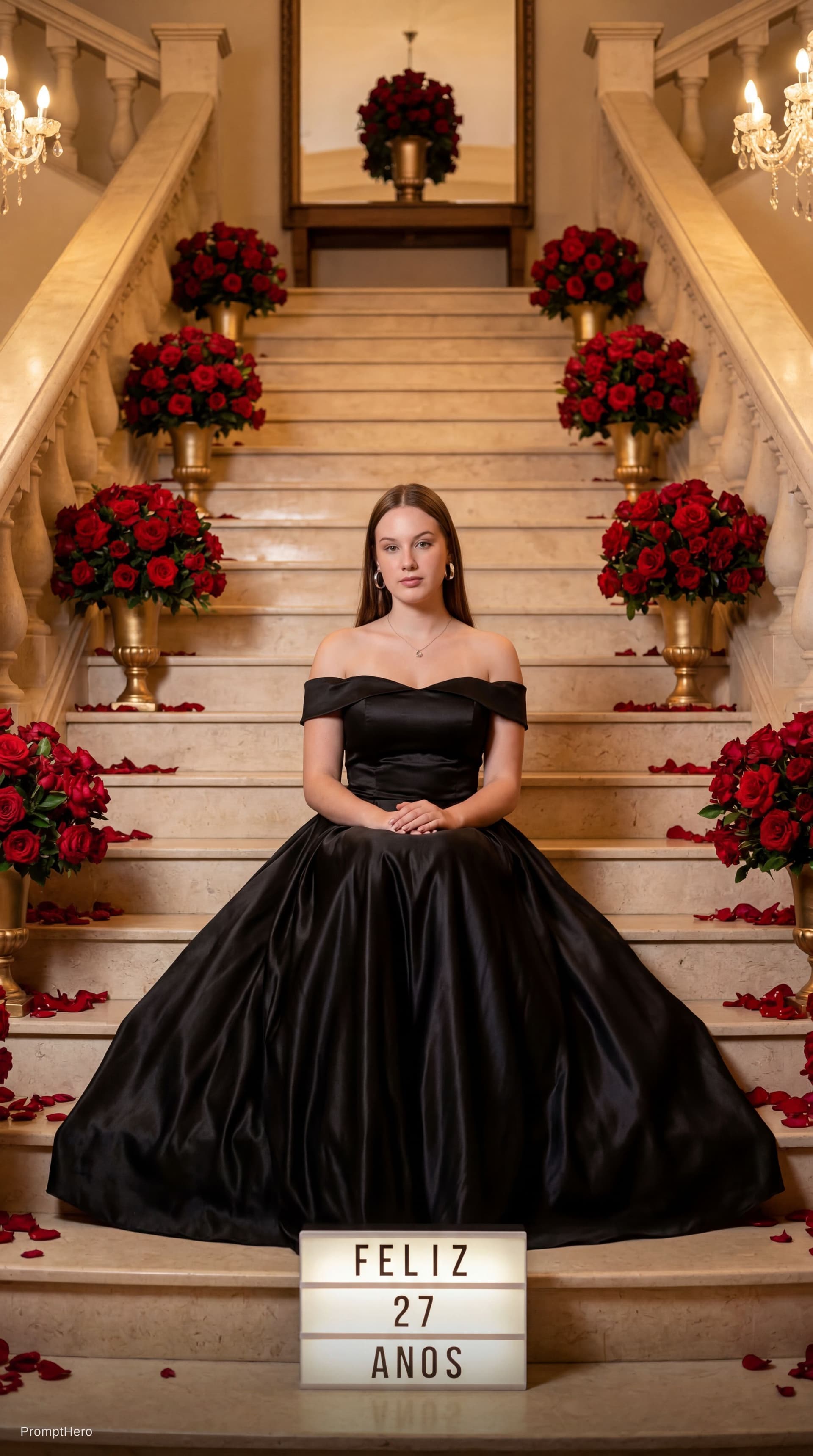 AI generated: Ultra realistic luxury quinceañera celebration portrait, cinematic editorial photography, grand stai...