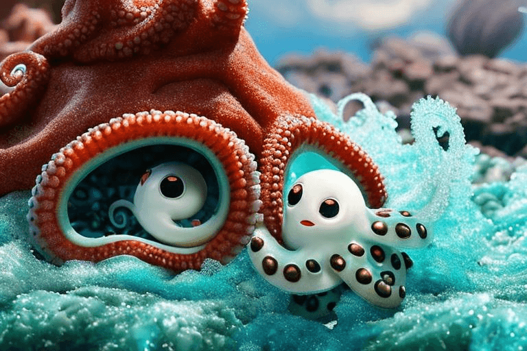 AI generated: insanely detailed 3d render, Cute octopus , floating on sea stormy waves and low poly rock, cozy ind...