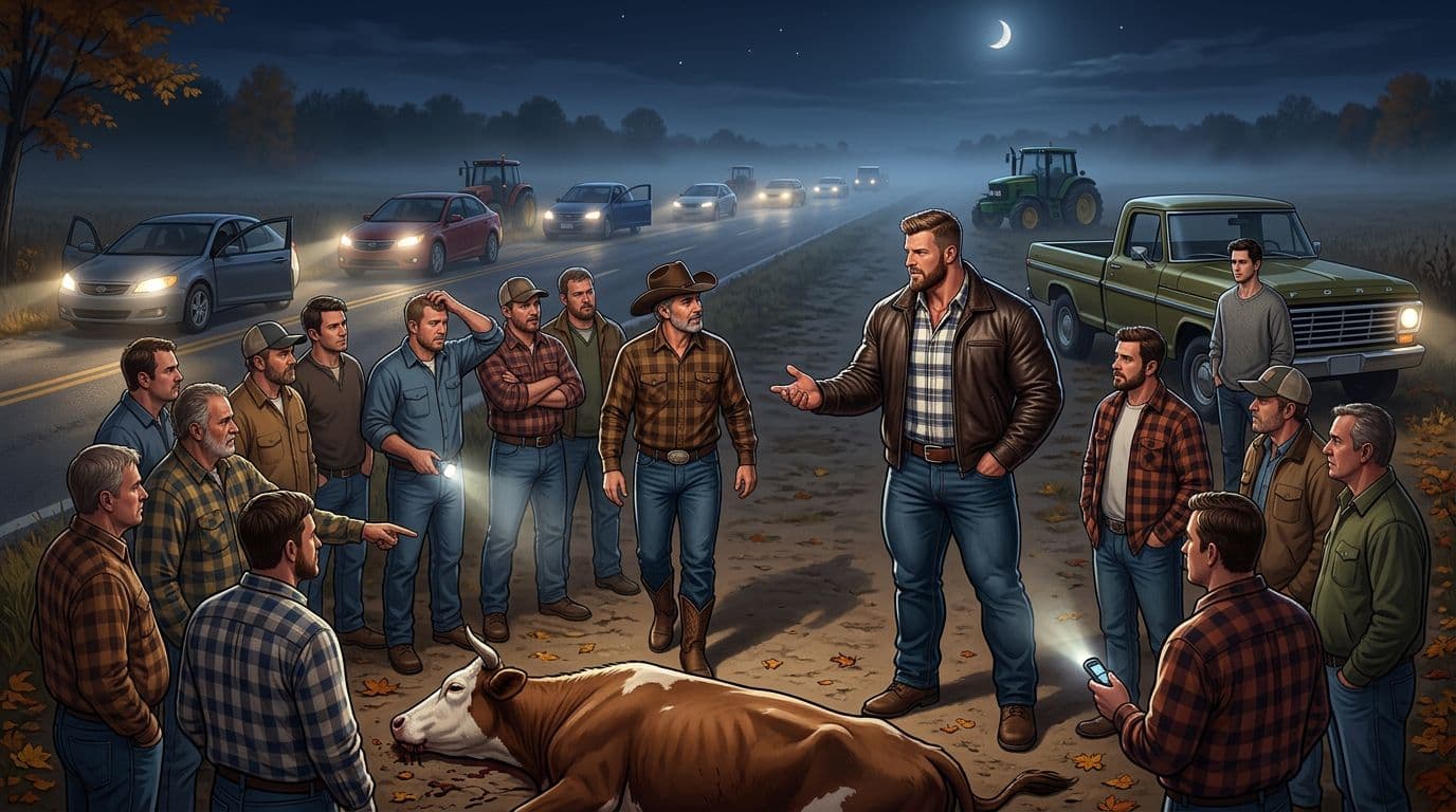AI generated: In an Autumn night. The vintage olive green Ford pick up truck is parked between the other cars. All...