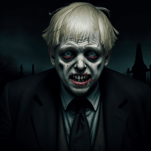 AI generated: A zombie Boris Johnson, evil laughs at the camera,very detailed, photo realistic,night in the cemete...