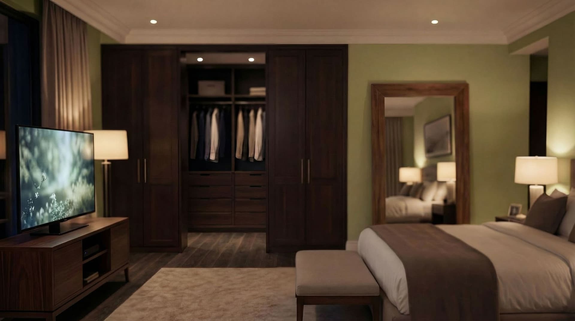 AI generated: Same image. The room has light green olive walls and dark brown wood floors. 