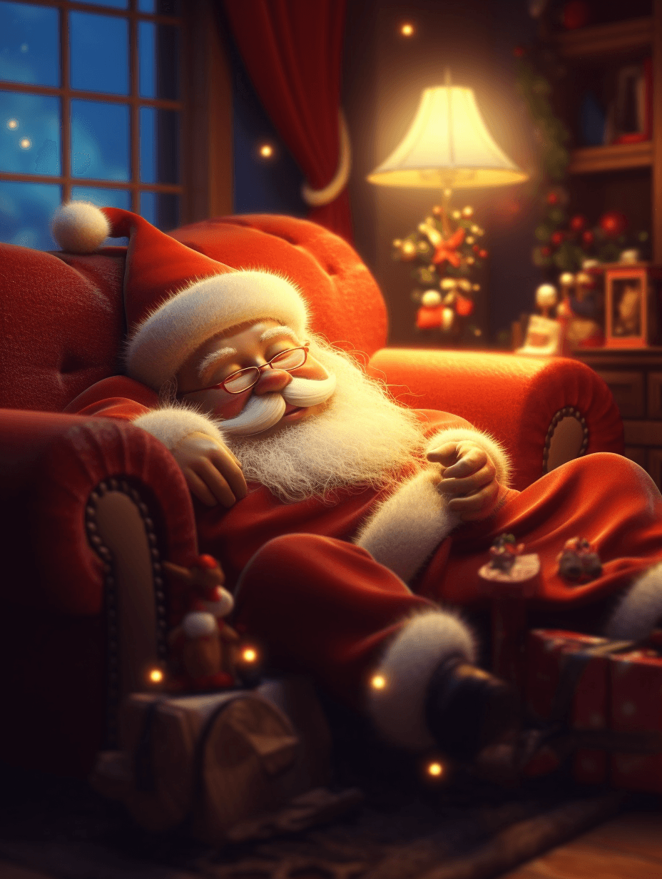 AI generated: santa laying on sofa sleeping warm cabin couch couch gift box christmas tree lights cartoon 3d style...