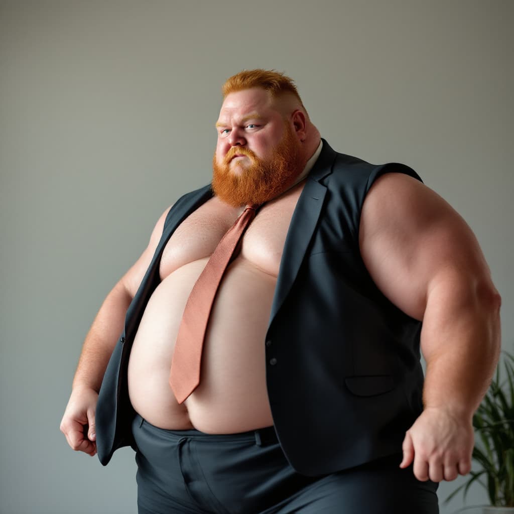 AI generated: high-resolution photo of a fat old man wearing suit and tie, spanking muscular, man with light red h...
