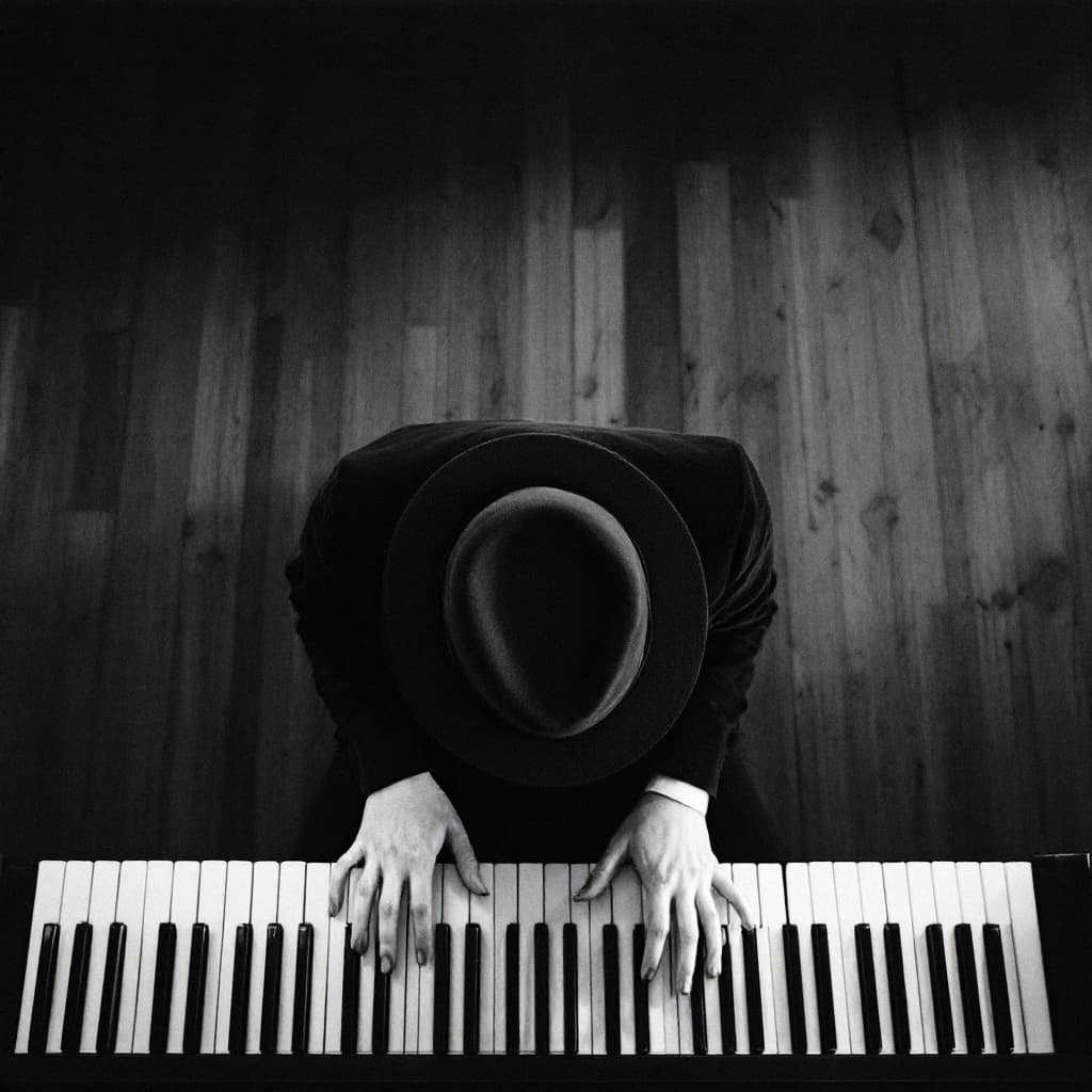 AI generated: Capture a black and white photograph from a bird's-eye view of a person playing piano. The focus sho...