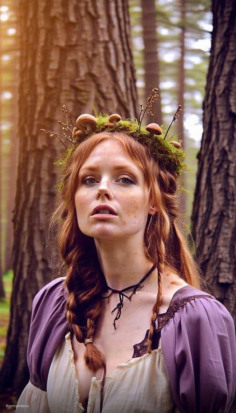 AI generated: Erotic, seductive, sensual, sexual documentary photograph of a forest enchantress in Fantasy/Fairy T...
