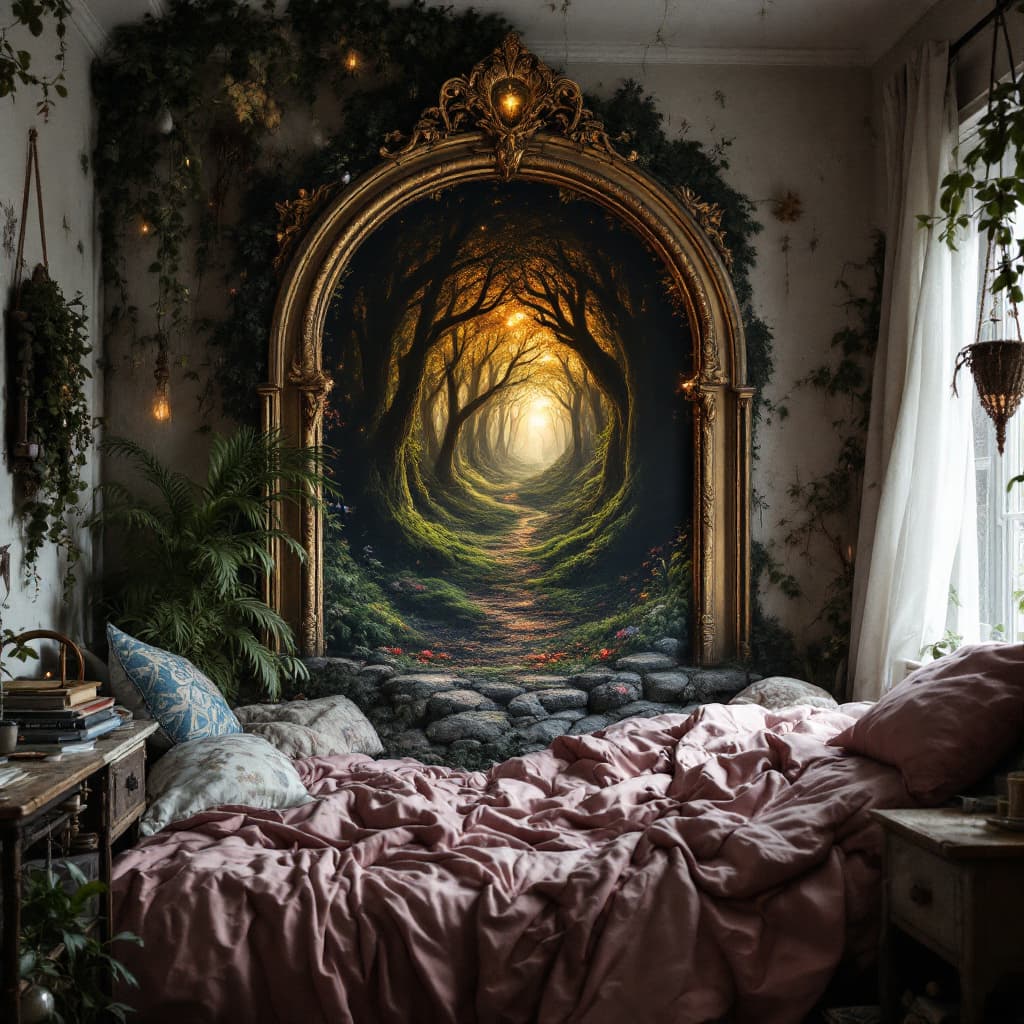 AI generated: a portal into a mythical forest on the wall of my small messy bedroom in Hermione granger in pink li...