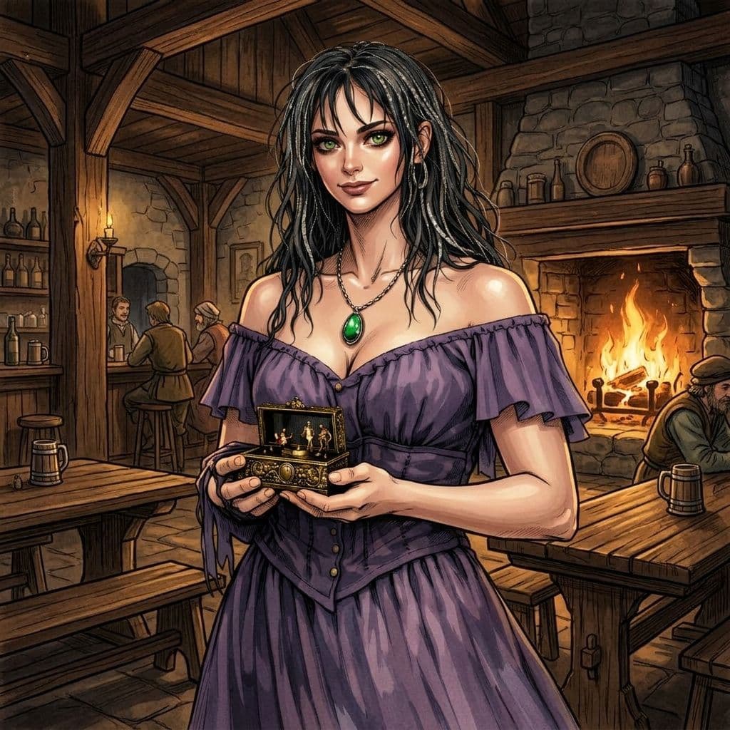AI generated: beautiful young woman with a music box, radiant skin, medieval tavern background