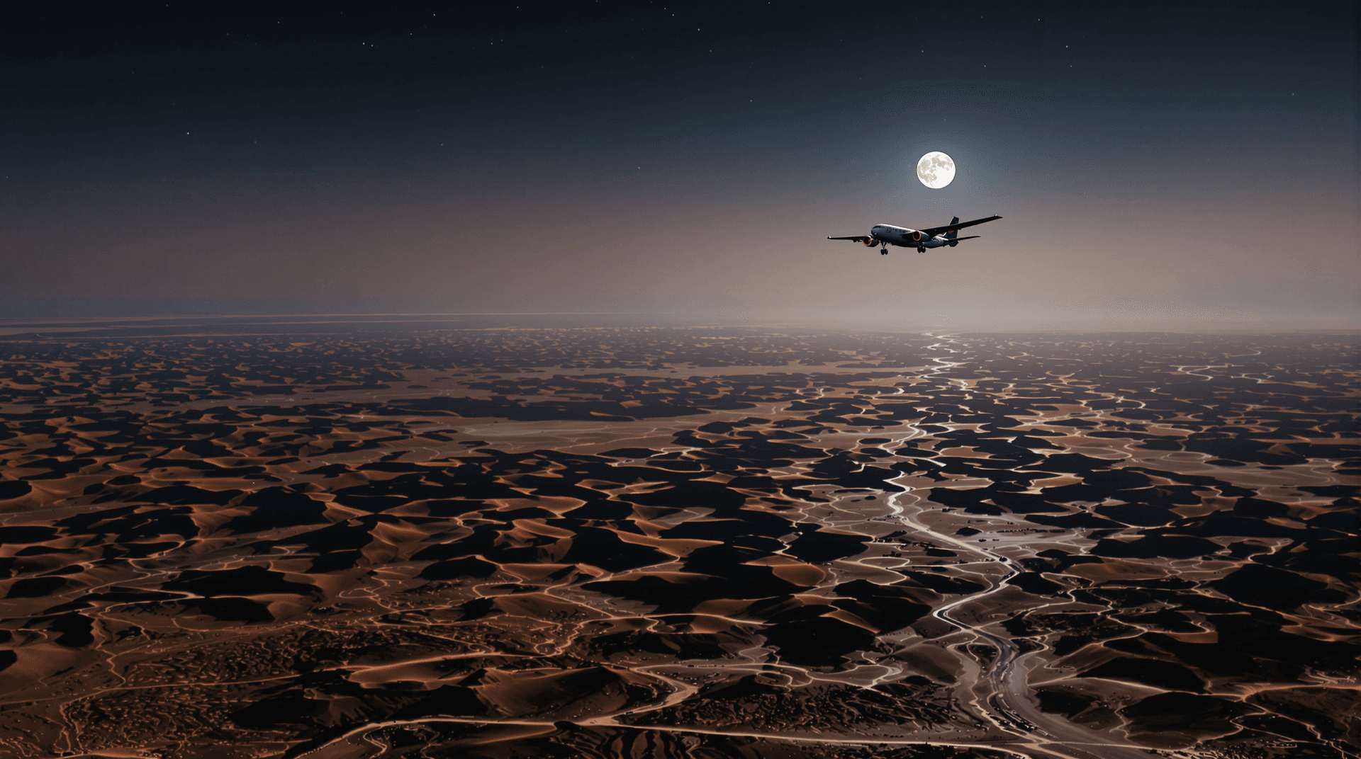 AI generated: Imagine you're flying over a dessert by night, Lit only by the full moon,  photorealistc style 8k re...