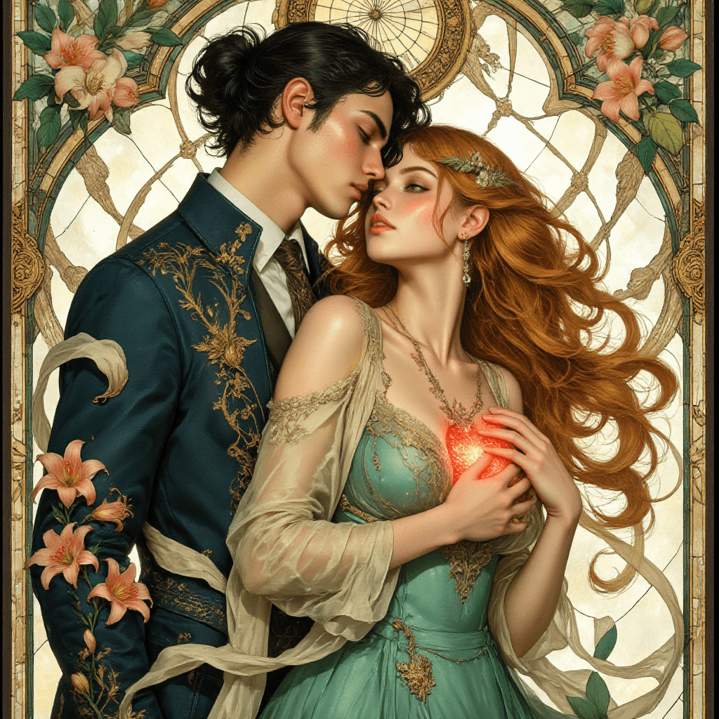 AI generated: Intricate Art Nouveau tableau in the style of Alphonse Mucha::1.6  
A stylized couple connected by ...