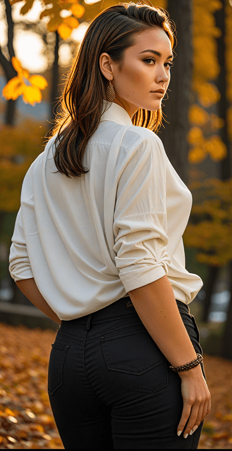 AI generated: The image features a beautiful young woman wearing a white top and black jeans, standing in front of...