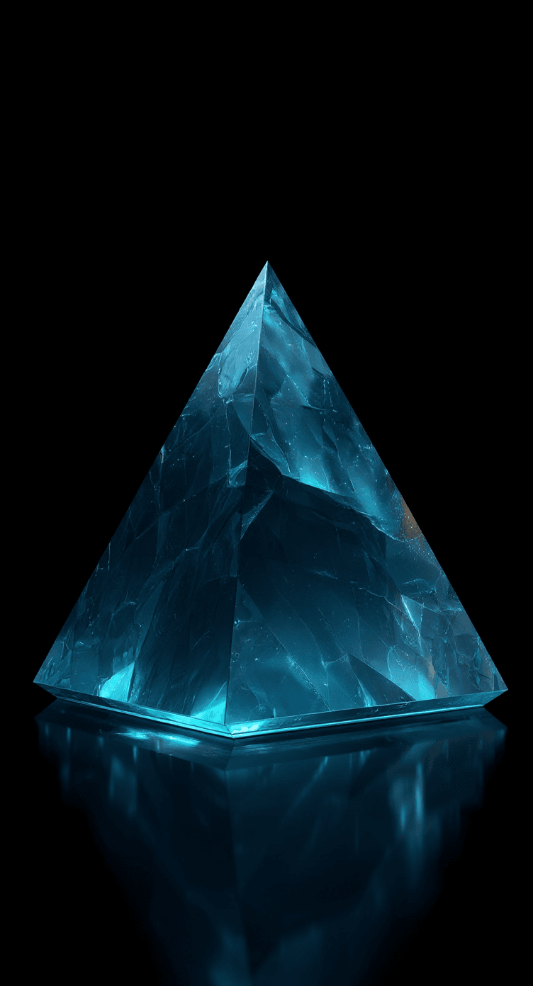 AI generated: realistic, close-up, front shot, transparent gradient cyan glass pyramid, standing upright and perfe...