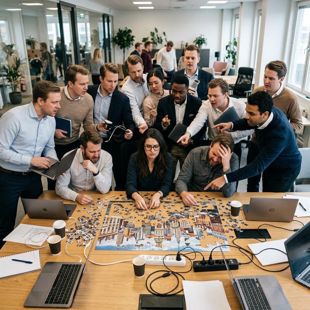 AI generated: A hyper-realistic corporate office in the middle of a high-pressure creative project. Four exhausted...