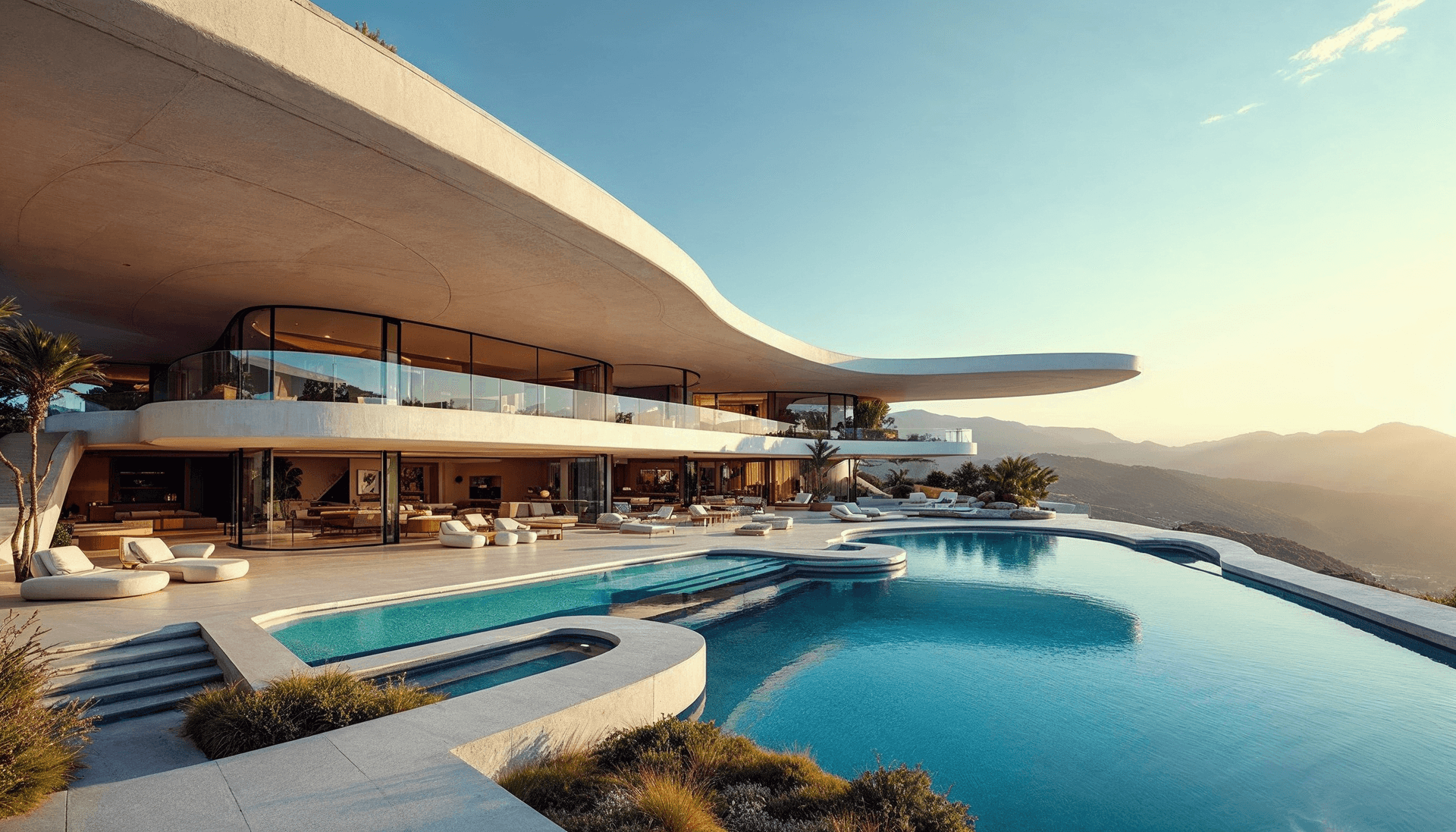 AI generated: futuristic mid-century modern mansion shaped like a phoenix, with seamless indoor-outdoor living
sp...