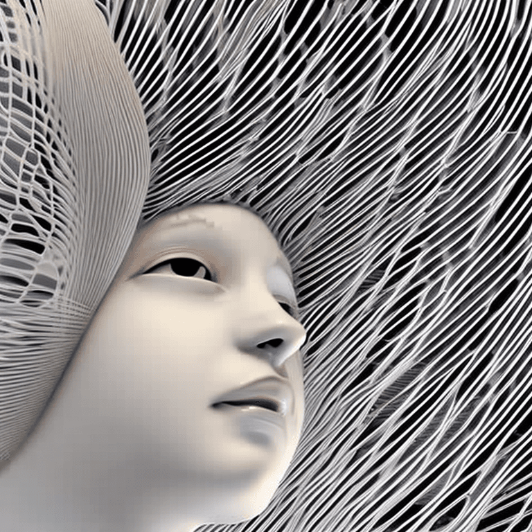 AI generated: A white sculpture of cute girl, cyborg complex wires connected to her head, by Naum Gabo, side facin...