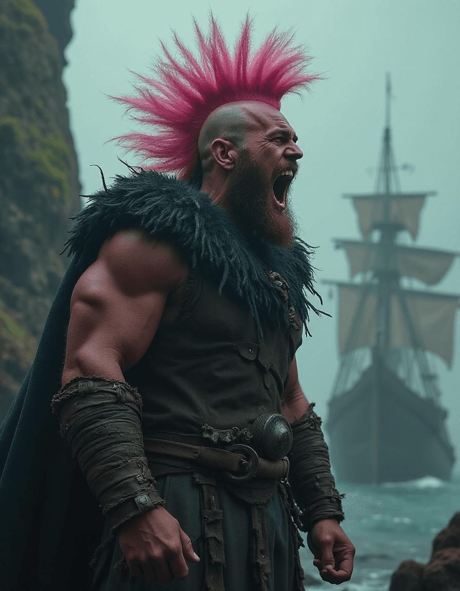 AI generated: muscle Viking, yelling, [pink :: 0.3], mohawk, art by Ellen Jewett, ship, cinematic, dark theme, nat...