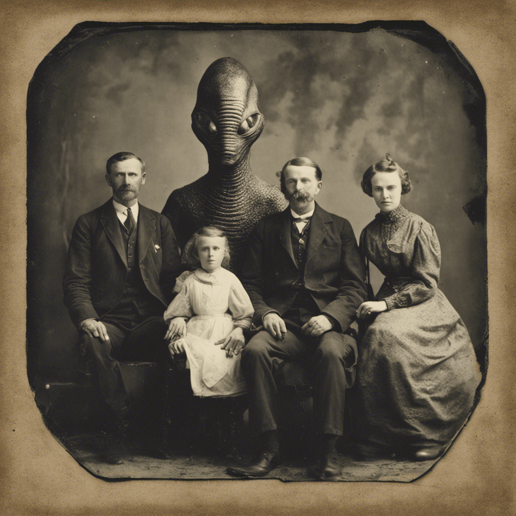 AI generated: daguerotype photo, family, with alien monster, style: Murnau