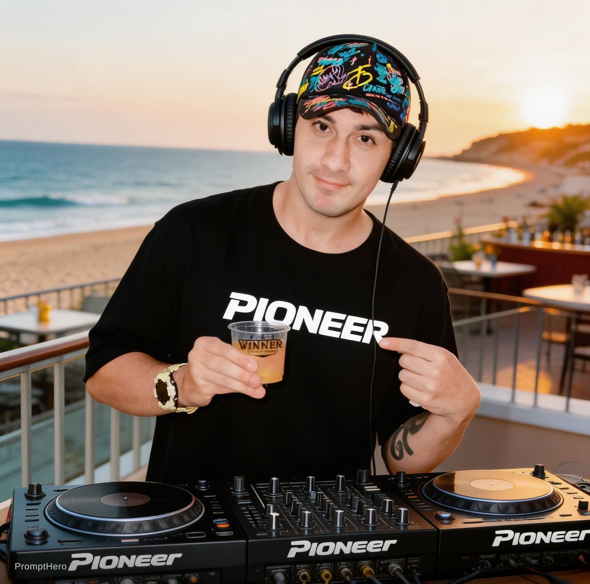AI generated: I need this person as a DJ, playing on a DJ session.
"Pioneer" discs. (incorrect: "Pioner").
Headpho...