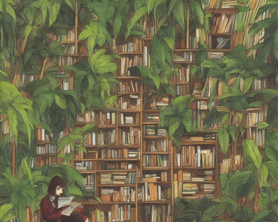 AI generated: one small bookshelf in the rainforest, featuring federal reporters, by hopper. hyperdetailed, propor...
