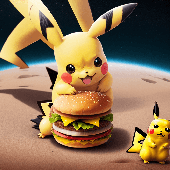 AI generated: Pikachu sitting on Earth is using a hamburger in her hand, 8k, 4k, high quality,crying eyes