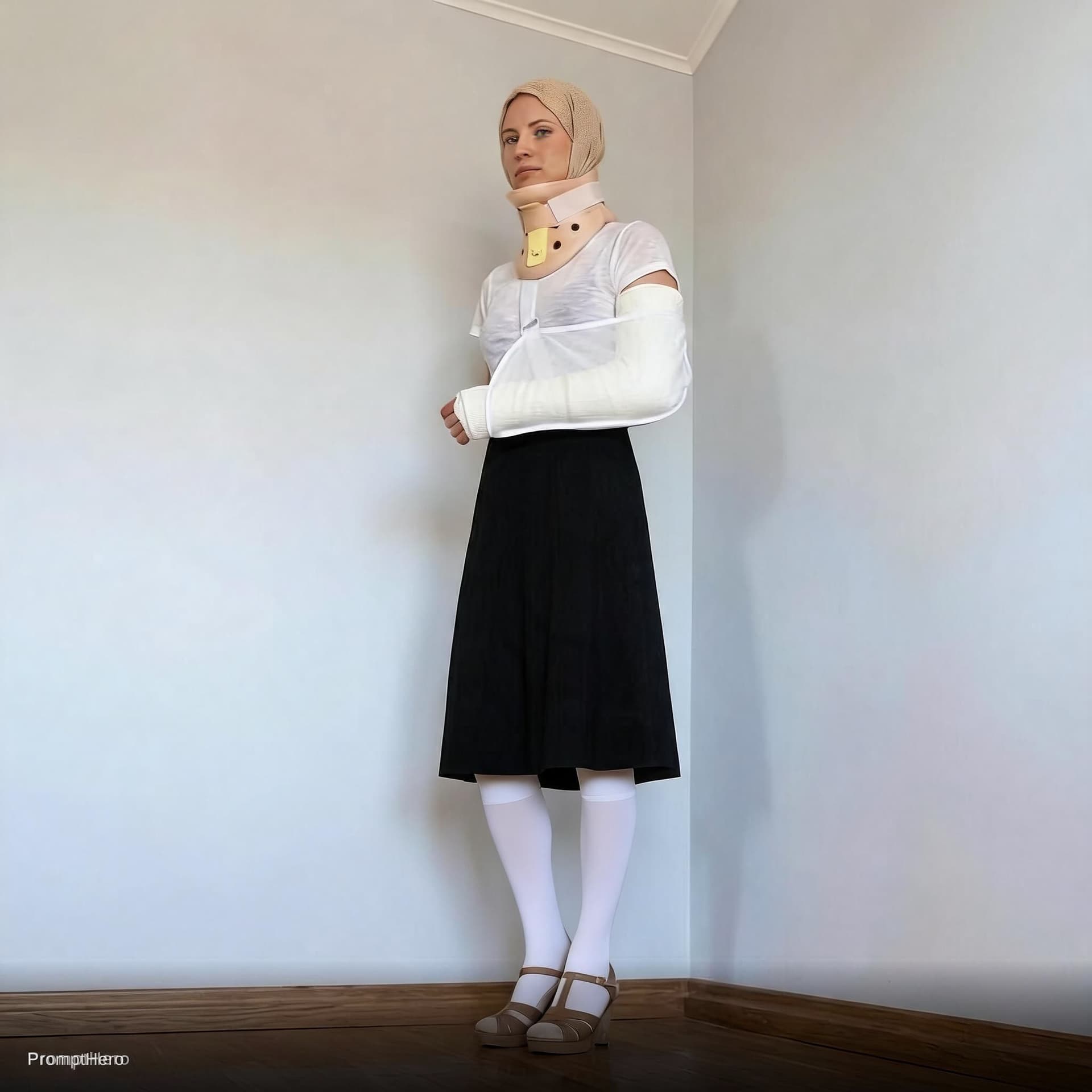 AI generated: Make tshirt of woman on picture white and thin fabric, tighlaced. Make sleeves of tshirt of woman on...
