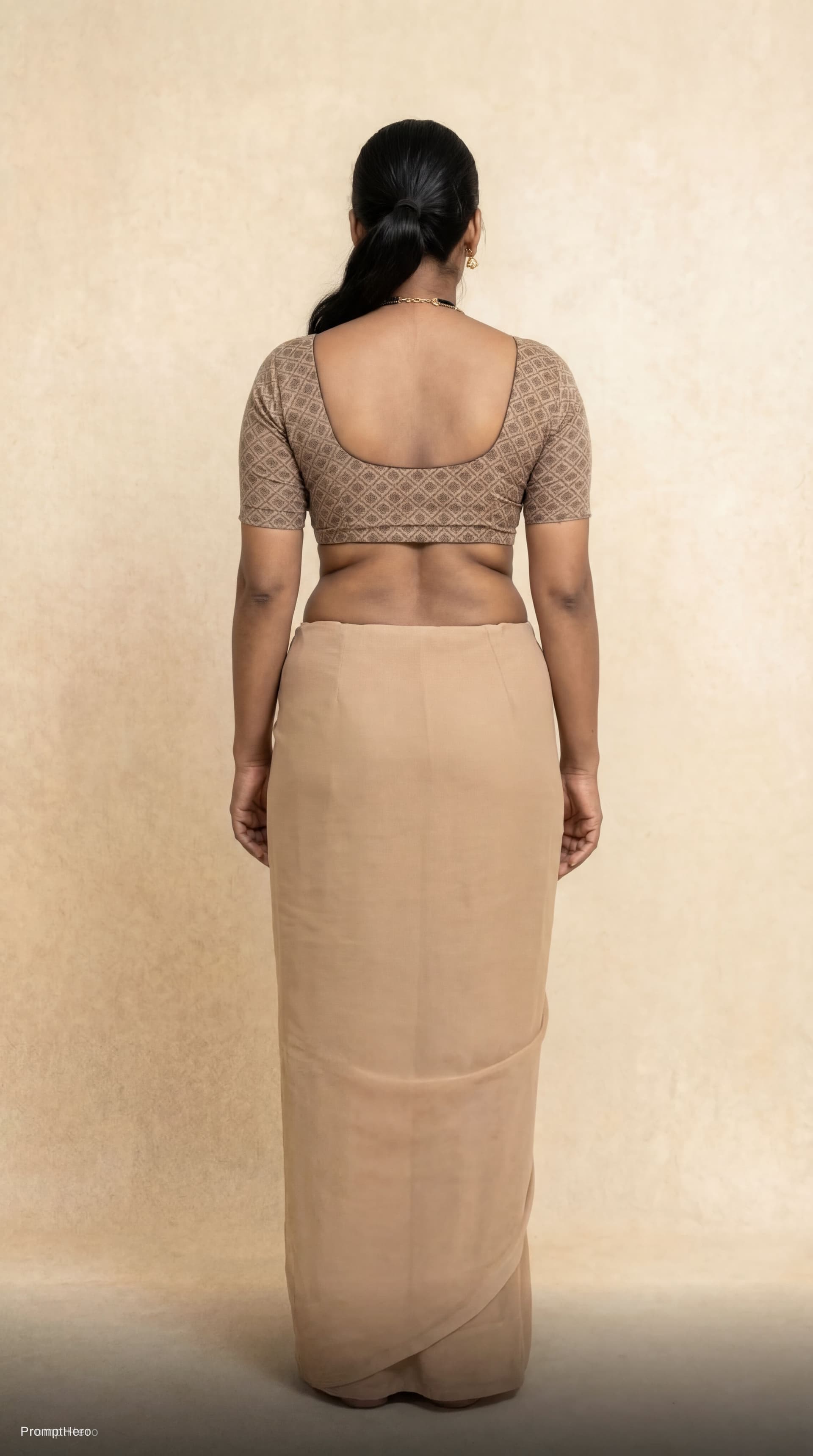 AI generated: Aunty in her blouse only with big body and back.
