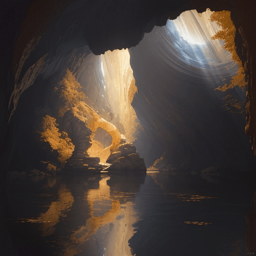 AI generated: new art : landscape into a Underground cave, an altar with a treasure around water. satara by johnny...
