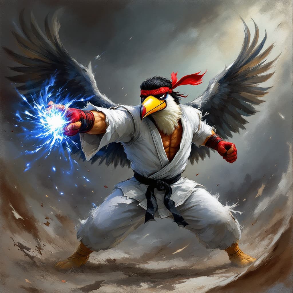 AI generated: 
A dramatic, stylized painting of a toucan dressed as Ryu from Street Fighter IV, facing the camera ...